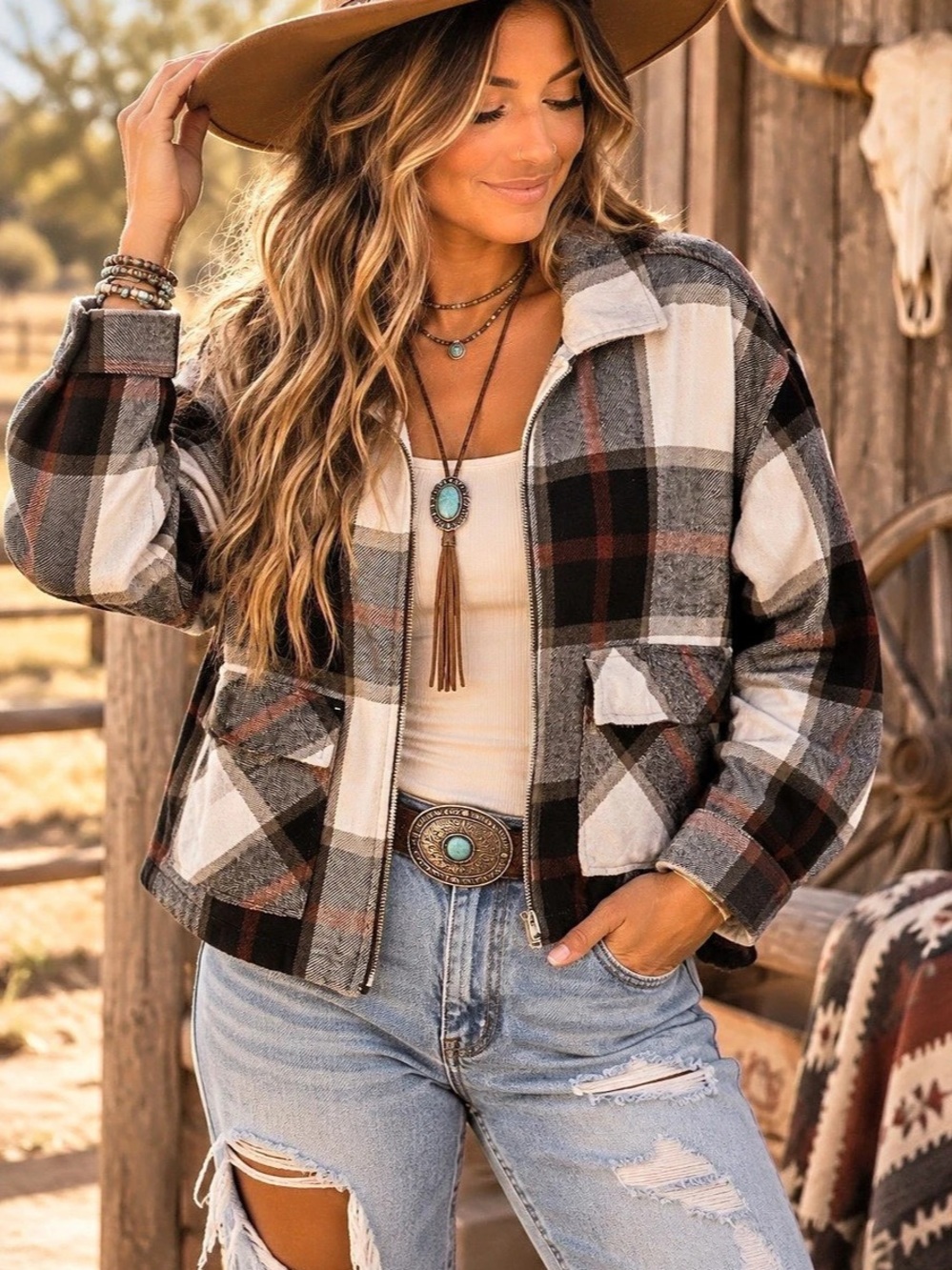 beachlunchlounge Plaid Flannel Zip-Front Cropped Jacket Black & White Size Large